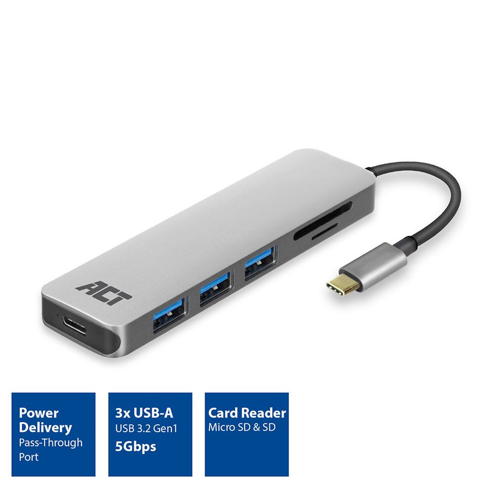 ACT USB-C Hub & Card Reader (3xUSB/ Reader/PD)